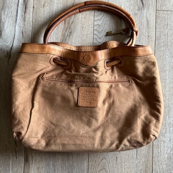 Vintage Fossil Tan Genuine Leather Round Shoulder Strap Key Charm Large Hobo Bag - Picture 10 of 16